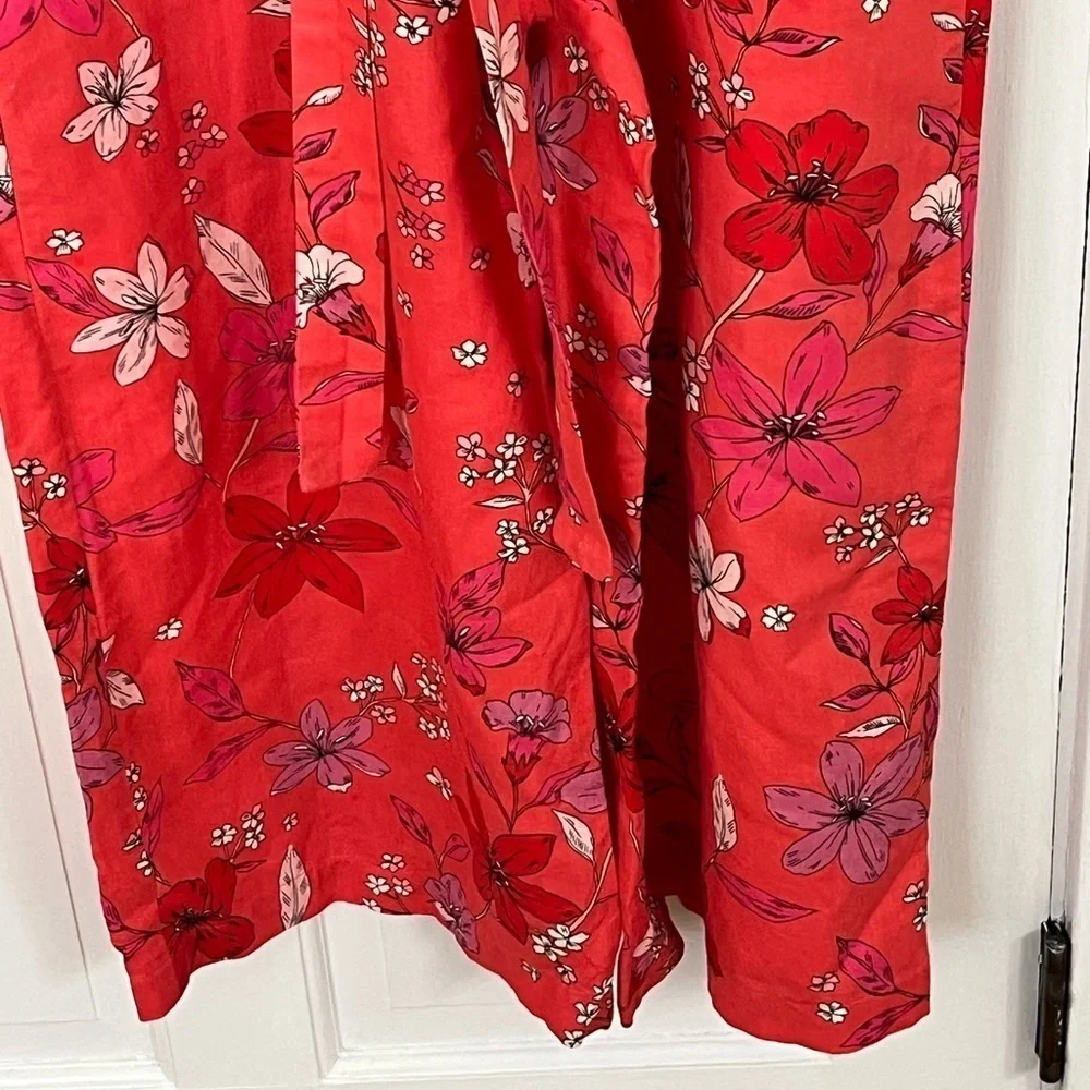 Banana Republic Cropped Linen Cotton Wide Leg Cropped Jumpsuit Red Floral Size 2